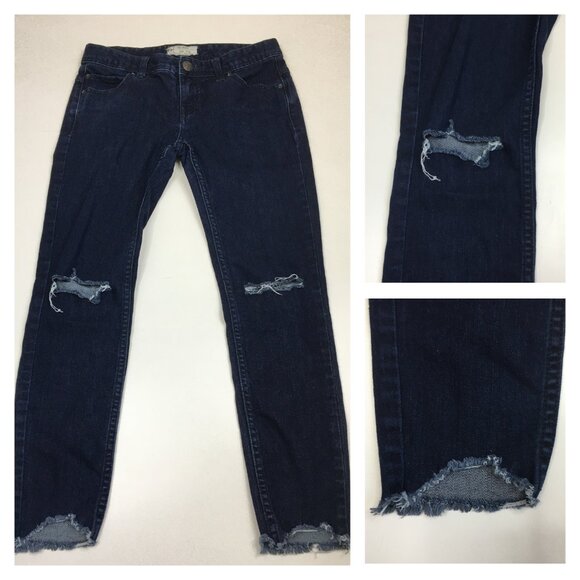 FREE PEOPLE 5 Pocket Dark Wash Distressed Raw Edge Hem Cropped/Ankle Jeans - Picture 1 of 11